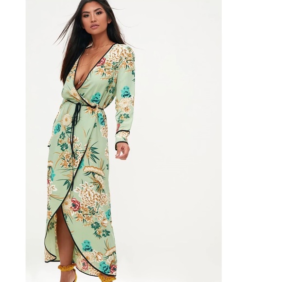 PrettyLittleThing Dresses & Skirts - Sage Green Floral Wrap Ankle Grazer Maxi Dress